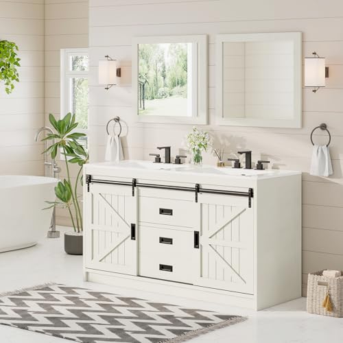 Jocisland Double Farmhouse Bathroom Vanity with Sink, 61in Sliding Barn Door Bathroom Storage Cabinet with Sliding Doors & Drawers, Dual Basin, Large Double Bath Vanity Sink Combo, White