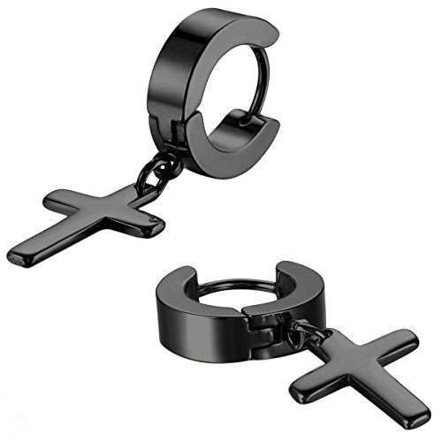 Cupimatch 3-6 Pairs Stainless Steel Cross Dangle Huggie Hinged Hoop Earrings for Men Women (1 Pair Black Cross)