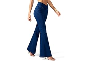 Rammus Flare Jeans for Women Crossover High Waisted Bell Bottom Jeans Trendy Yoga Pants Stretchy Flare Leggings with Pockets