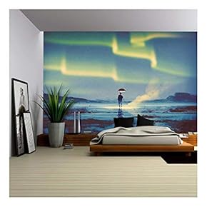 Northern Lights Aurora Borealis Over Man Holding Umbrella Lights,Illustration Painting - Removable Wall Mural | Self-Adhesive Large Wallpaper - 66x96 inches