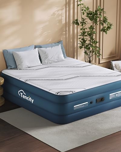 Tencity Queen Air Mattress with Built-in Pump, 20” Luxury Blow Up Mattress with 3cm Quilted Foam Topper, Extra Firm Support, Quiet Inflatable Bed for Guests, Home & Temporary Sleep, 660 lbs