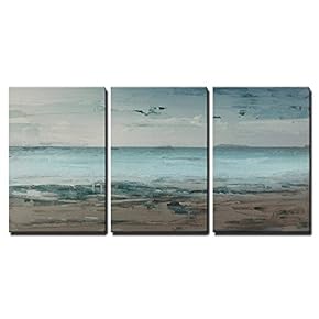3 Piece Canvas Wall Art - Canvas Wall Art - Abstract Seascape with Beach and Sea Horizon - Modern Home Art Stretched and Framed Ready to Hang - 16"x24"x3 Panels