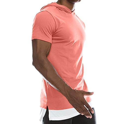 Allywit Short Sleeve Raglan Hooded Henley Round Bottom Activewear Fashion Hoodie Pink