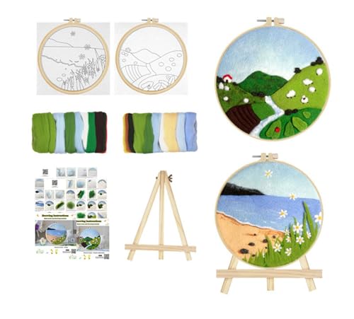 Comfysail 2 Pack Needle Felting Kit,Felt Painting Kit for Beginners, DIY Craft Kit with Picture Frame,Felted Fabric,Wool,Needle,Foam Pad and Instructions for Home Decoration (Mountain&Beach)