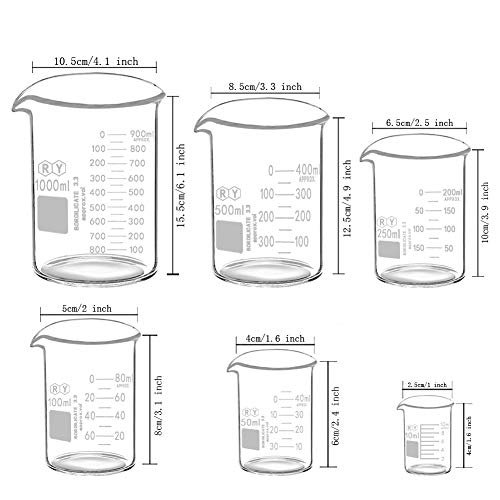 Glass Beakers Set Borosilicate Graduated Measuring Low Form Beaker 6 Sizes 10ml 50ml 100ml 250ml 500ml 1000ml