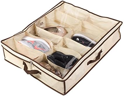 Oriental Philosopher Under Bed Shoe Organizer for Adults, Kids, Closet Storage Solution Fits 12 Pairs of Shoes, Clear Zippered Lid and Handle, for Bedroom Storage