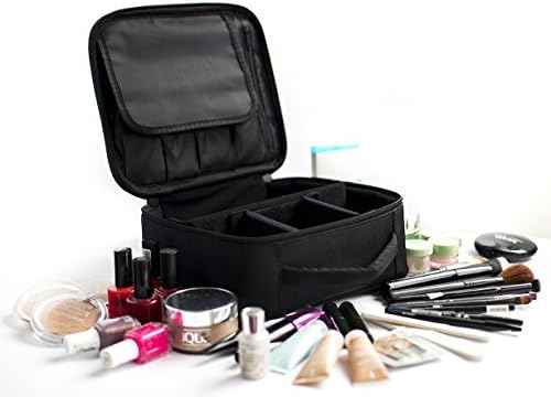 Travel Makeup Bag - Portable Waterproof Toiletry Make Up Bag/Travel Case with Adjustable Dividers for Cosmetic/Makeup Train Case with Hard Cover/Size 9.8" (Black)