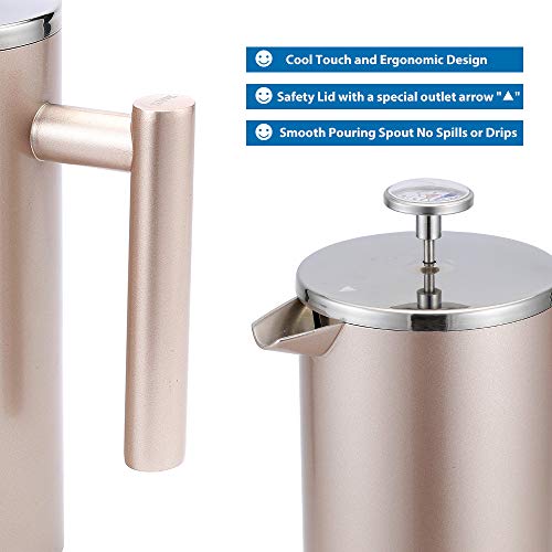 SULIVES Large Stainless Steel French Press Coffee Maker Double Wall Vacuum Insulated Stainless Steel- 34oz/ 1000ml (Champagne Gold)