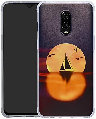 HHDY OnePlus 7 Case,[Ultra Lightweight] Reinforced [4-Corners Bumper] Flexible TPU [Pattern Design] Cover for OnePlus 7 / OnePlus 6T,Sailboats & Moon