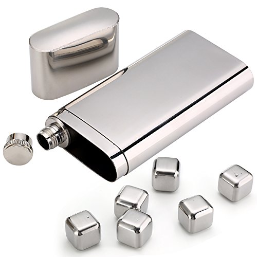 Stainless Steel Chilling Rocks / Stones (8) + Dual Cigar Flask (1) [Gift Set] + Funnel (1) + Tongs (1) [FDA Approved] - Thumbnail 3