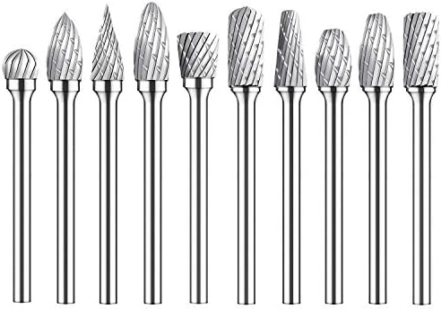 Carbide Burr Set 10pcs, Double Cut Rotary Diamond Carving Tools for Grinder Drill, Metal Polishing, Metal Craving, Engraving, Woodworking (1/8" Shank, 1/4" Head Size)