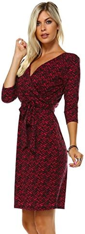 Women's 3/4 Half Sleeve Faux Wrap Midi Dress