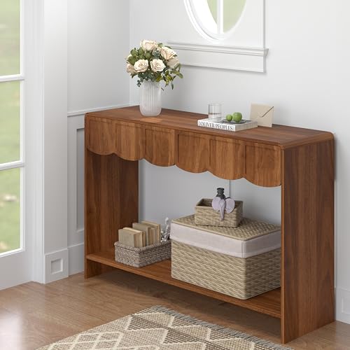 Console Table with Drawers, Mid-Century 43 Inches Narrow Entryway Table with Open Storage Shelves, Hallway Accent Table Behind Couch Table for Living Room - Walnut