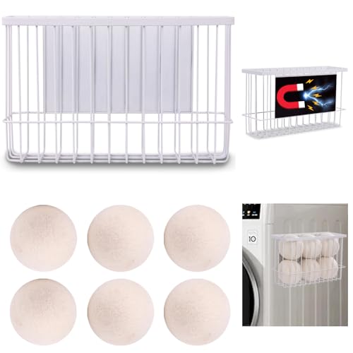 Magnetic Dryer Ball Holder Plus 6 XL Wool Dryer Balls from New Zealand Wool – Laundry Dryer Balls Organizer & Storage, Magnetic Basket for Dryer Balls, Space-Saving & Easy Tool-Free Installation