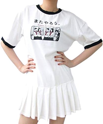 AAzi White Dress Women O Neck Short Sleeve Cartoon Printed Cute Harajuku Pleated Mini Dress