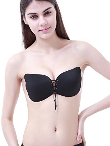 Kuzun Women's Strapless Push-up Bra with Clear Back Strap (A, Black)