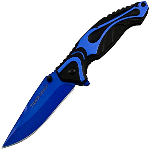 Tiger-USA Mission Soldier Tactical Assisted Open Pocket Knife Blue with Blue Blade