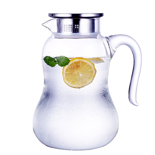 2 Litre Water Carafe Double Wall Glass Pitcher with Stainless Steel Flow Lid, Borosilicate Water Jug for Hot/Cold Water, Coffee, Ice Tea, Juice Beverage, Decanting and Serving Wine GYBL425