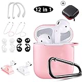 KHTONE AirPods Case, 12 in 1 Silicone AirPods Accessories Set Protective Cover, Compatible with Apple AirPods Charging Case,Watch Band Airpods Holder/Ear Hooks/Keychain//Carrying Box (Pink 12 in 1)