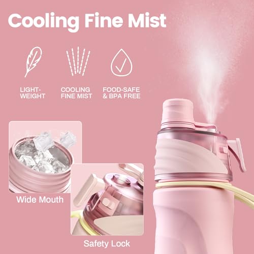 magcheer 750ml Insulated Metal Spray Water Bottle | Stainless Steel Water Bottle with Spray Mist | Leakproof Misting Drinking Bottle for Cycling Hiking Outdoor Sport Hydration Cooling(Pink)