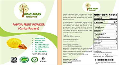 100% Natural Papaya Powder, 8 oz, Eco-friendly Resealable pouch, No Artificial Flavors/Preservatives/Fillers, Halal, Kosher, Vegan-Friendly, Non-GMO