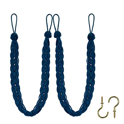 Home Queen Hand Braided Curtain Tie Back, Buckle Holdback Drapery Curtain Tiebacks, 2 Rope Belt Curtain Tie with 2 Metal Hooks, Navy