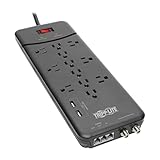 Tripp Lite 12  Outlet Surge Protector Power Strip, 2 USB Charging Ports, Tel/Modem/Coax Protection, 8ft Cord Right Angle Plug, Black, Lifetime Insurance & $150K Insurance (TLP128TTUSBB)