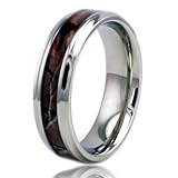 TIONEER Stainless Steel Brown Wood Camouflage Beveled Edge 6.5mm Ring