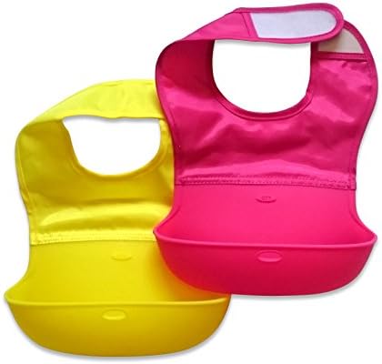 Pack of 2 x BambinoCo Roll Up Silicone Bibs With Comfortable Fabric Top - Easily Adjustable, Cute Baby Bibs - Hot Pink &amp; Yellow