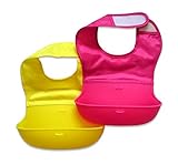2 x BambinoCo Roll Up Silicone Bibs With Comfortable Fabric Top Cute Baby Bibs - Hot Pink / Yellow