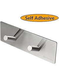 HOMEIDEAS 3M Self Adhesive Hook Key Rack SUS304 Stainless Steel Double-Hook Rail Garage Storage Organizer Stick On Sticky Bathroom Kitchen Towel Hanger,Brushed Finish