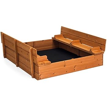 Best Choice Products 47x47in Kids Large Square Wooden Outdoor Play Cedar Sandbox w/ Sand Screen, 2 Foldable Bench Seats - Brown