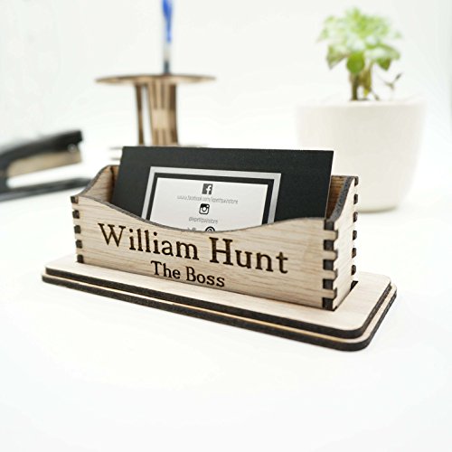 Custom Personalized Name Wooden Business Cards Holder Office Desk Tray Storage Organization Supplies Minimalist Modern Boss Coworker Manager Gift - Thumbnail 5