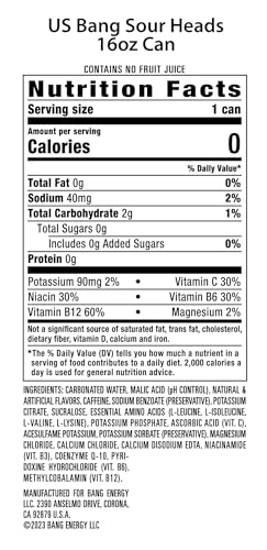 BANG ENERGY SOUR HEADS, SUGAR-FREE ENERGY DRINK, 16-OUNCE (PACK OF 12)