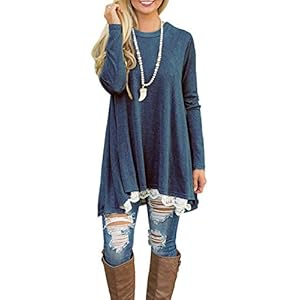 NICIAS Dames Zijknopen Lange Mouw Casual Ronde Hals Elleboog Gepatcht Sweatshirt Losse T-Shirt Blouses Tuniek Tops