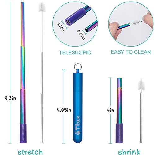 Reusable Collapsible Straw, Rainbow 9.25'' Telescopic Stainless Steel Metal Straw, Portable Drinking - //coolthings.us
