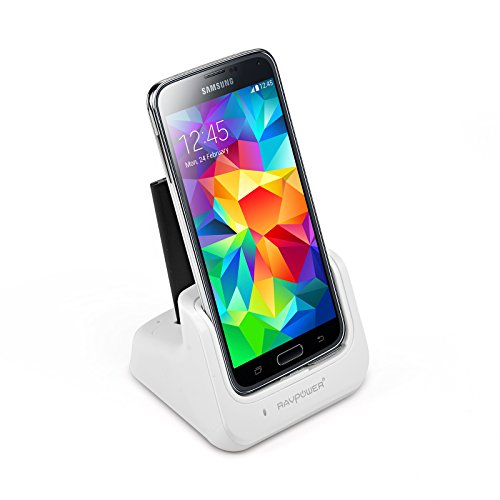 RAVPower Samsung Galaxy S5 Desktop Charger Charging Cradle with USB 3.0 Sync Transfer Dock (Detachable Case Plate, Compatible with Slim-Fit Case) - White
