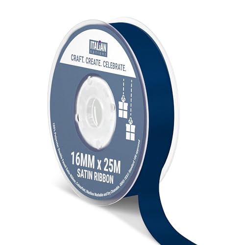 Italian Options Satin Ribbon, Fabric Ribbons for Gift Wrapping, Crafting, Balloons, Wedding Car, Presents, Cake, Christmas, Birthday, Gift Wrap Accessories, 16mm Wide x 25 Metre Roll, Navy