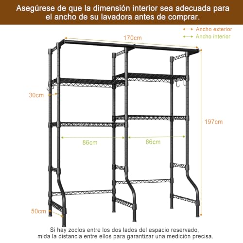 Kisfam Mueble para Lavadora y Secadora, Estante Organizador de Lavandería de 4 Niveles, Estructura Metálica Independiente con Tendedero, 170 cm Ancho x 50cm Fondo x 197 cm Alto