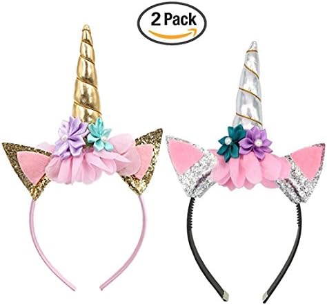 Oexper 2 Pack Glitter Unicorn Horn Headband, Flowers Ears Headbands for Party Decoration or Cosplay Costume (Gold + Silver)
