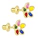 18k Gold Plated Multicolor Enamel Flower Screw Back Earrings Toddlers Girls 8mm