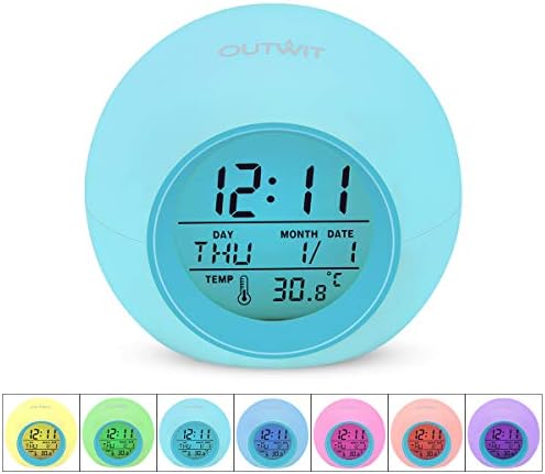 OUTWIT Kids Alarm Clock【Updated Version】, Wake Up Digital Clock for Kids, 7 Colors Changing Light Bedside Clock for Boys Girls Bedroom, with Indoor Temperature Calendar, Touch Control and Snoozing