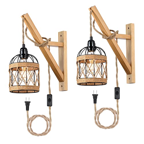 HOTRAN Rustic Wall Sconces Set of Two Plug in, Wall Lamps for Bedrooms Set of 2, Farmhouse Wall Mounted Lights for Bedside, Living Room,Sconces Wall Lighting Fixtures with 8.2Ft On/Off Switch Cord