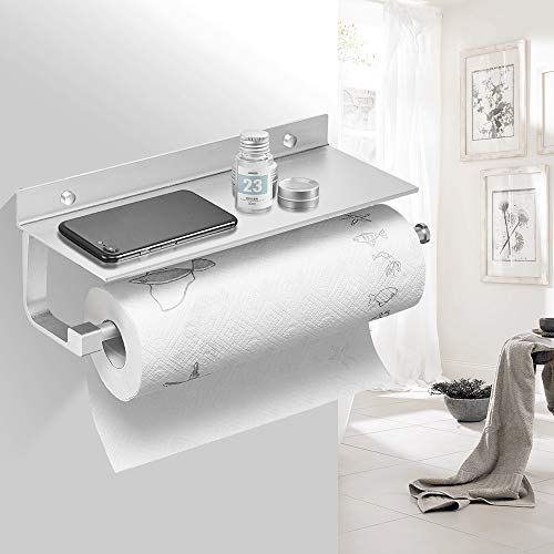 Hoimpro Paper Towel Holder Wall Mounted for Kitchen 13 Inch, Bathroom Tissue Roll Hanger with Mobile Phone Storage Shelf,Space Aluminum, Wall Mount with Screws, Dull Polished Silver - Thumbnail 3