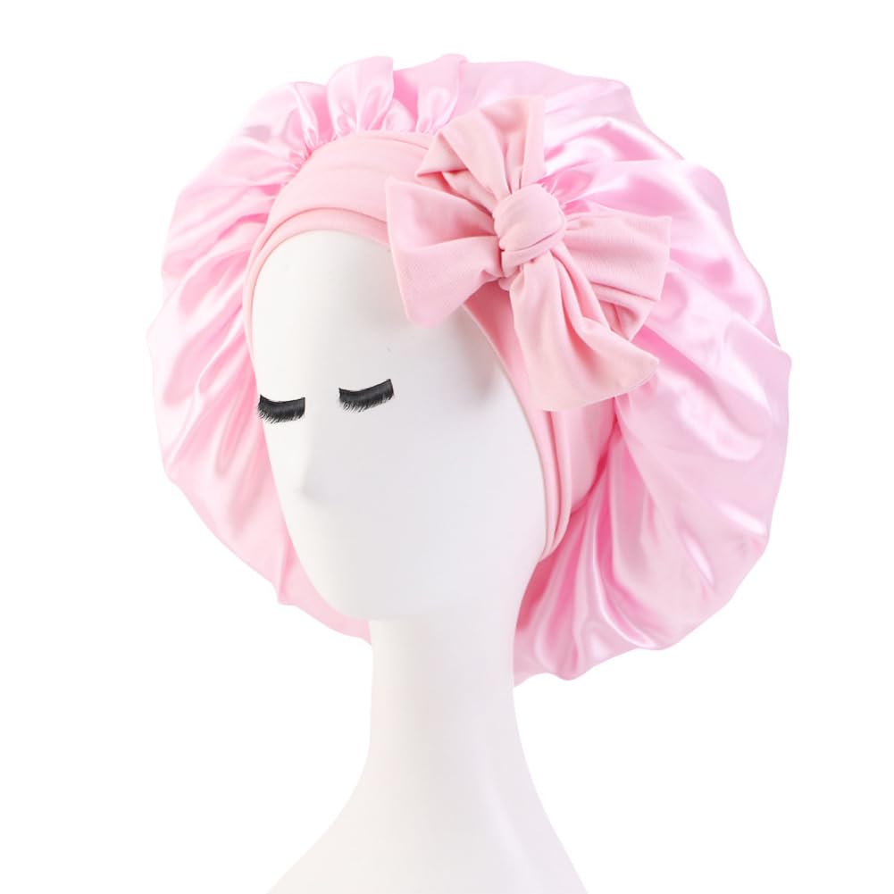 Tie Band Silk Bonnet for Sleeping, Wide Elastic Band Satin Bonnet Shower Cap with for Women Girls (Pink)