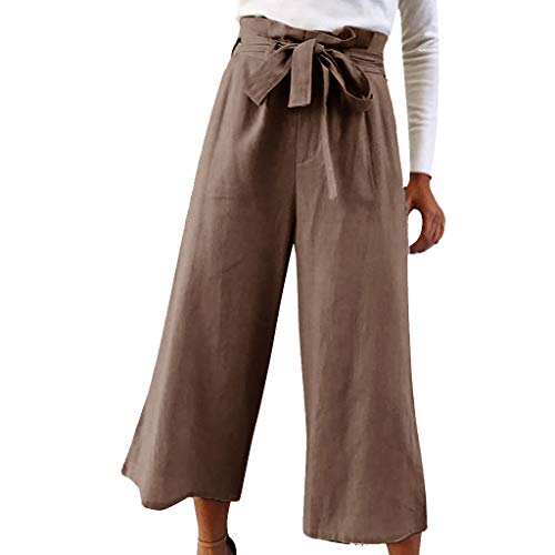 Pervobs Women's Wide Leg Pants Wild Casual Loose Solid Belt Cropped Trousers Pant Straight Fit(S, Z02-Khaki)