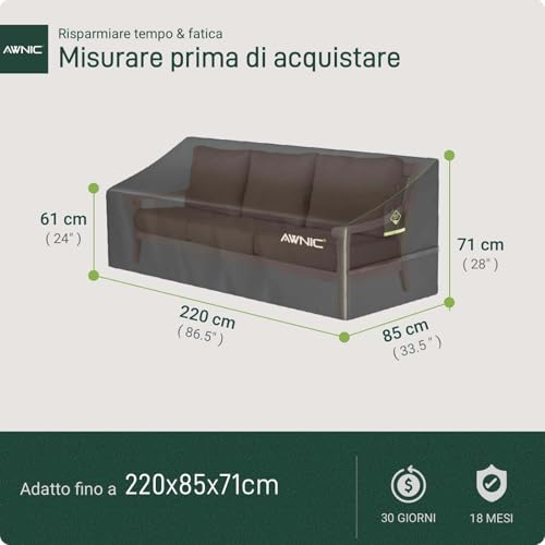 AWNIC 3 Seater Outdoor Sofa Cover, Waterproof, UV Resistant and Tear-resistant Outdoor Garden Sofa Cover, 420D Polyester, 220 x 85 x 61/71 cm