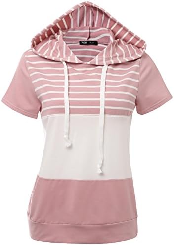JayJay Women Casual Athleisure Short Sleeve Striped Contrast Color Pullover Hoodie Sweater Shirt,INDIPINK,L