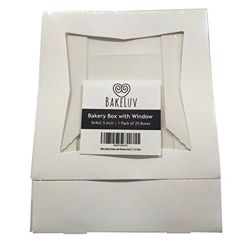 BAKELUV 9x9x2.5” White Pie Boxes with Window | 25 Pack | 9x9x2.5 Bakery Boxes with Window 9x9 Pie Boxes for 9 Inch Pie Boxes, 9x9 Bakery Boxes with Window Bakery Box 9x9