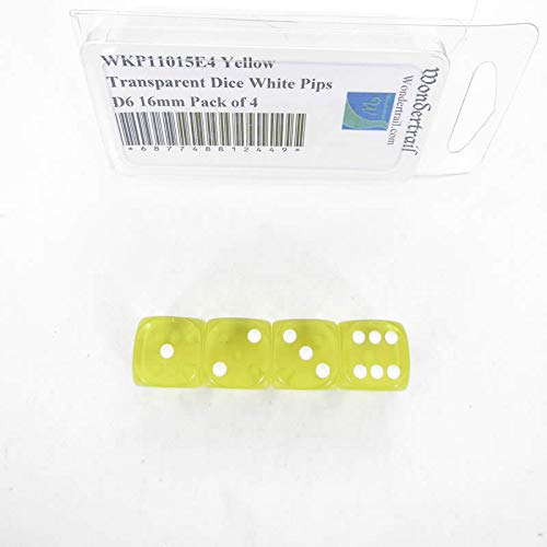 Yellow Transparent Dice with White Pips Rounded Corners D6 16mm (5/8in) Pack of 4 Wondertrail